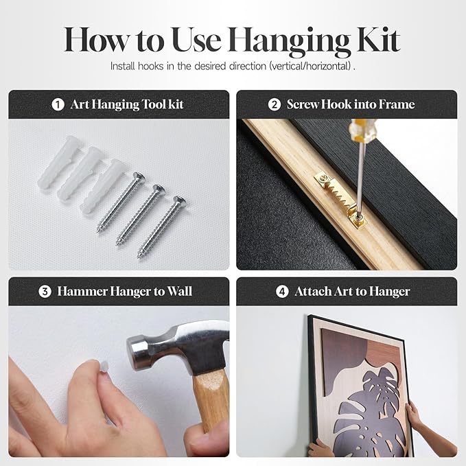 Framed Wood 3D Boho Textured Wall Art for Living Room, Large 3 Piece Carved Wooden Tropical Botanical Artwork for Walls, Brown Monstera Leaf Wood Bedroom Dining Room Home Office Wall Decor, 20x30 Inch