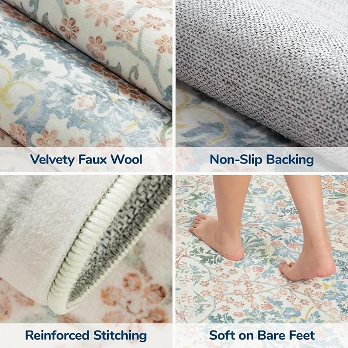 Lessymo Floral Runner Rug for Entryway, 2x6 Kitchen Rugs Non Slip Rubber Soft Washable Runners for Hallway, Faux Wool Small Carpet Bedside Rug, Vintage Floral Design Decor, Beige Brown