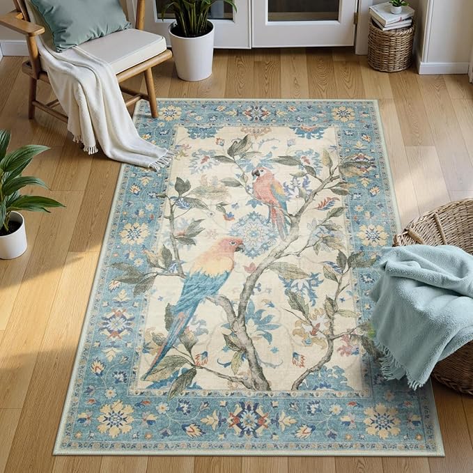 Lahome Botanical Birds Washable Blue 3x5 Rugs for Entryway, Non Slip Kitchen Rug Blue Bathroom Rugs, Boho Vintage Soft Indoor Throw Carpet for Living Room Front Door