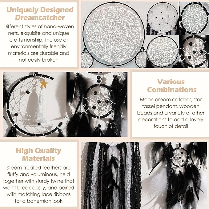 5 Pack Black Dream Catchers for Bedroom Adult Boho Macrame Wall Hanging Art Decor Large Dreamcatchers with Feather for Home Living Room Handmade Gift