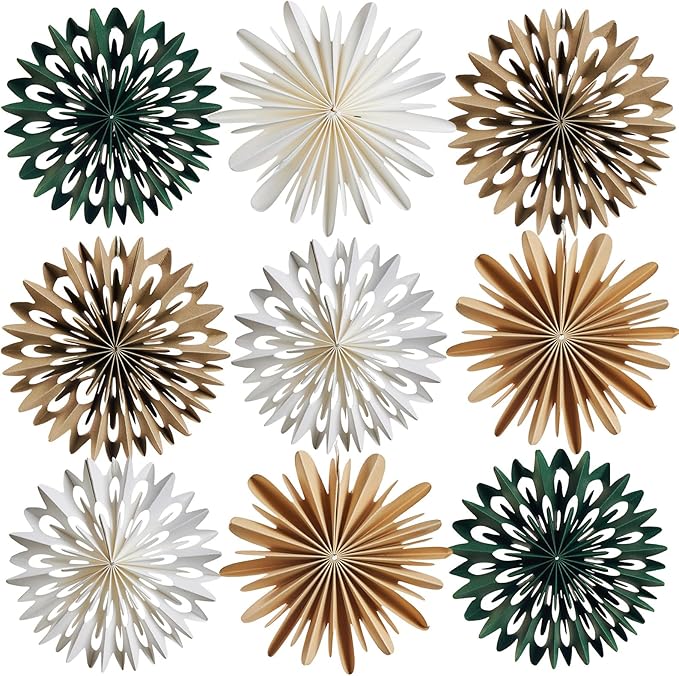 EASY JOY Christmas Hanging Decorations - 9Pcs 3D Christmas Tree Paper Hanging Decor Green White Light Brown Snowflake Ornaments Christmas Decorations Outdoor Indoor for Xmas New Year Window Boho Door