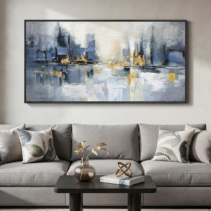 Framed Blue Abstract Wall Art for Living Room, Extra Large Modern Cityscape Canvas Artwork for Walls, Horizontal Contemporary Painting Print for Living Room Bedroom Office Wall Decor, 30x60 Inch