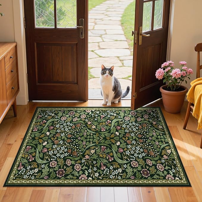 Moynesa Floral 3x5 Area Rug, Washable Non Slip Soft Bedroom Rugs, Boho Green Small Rugs for Living Room, Botanical Ultra Thin Throw Carpet for Kitchen Entryway Bathroom, Green