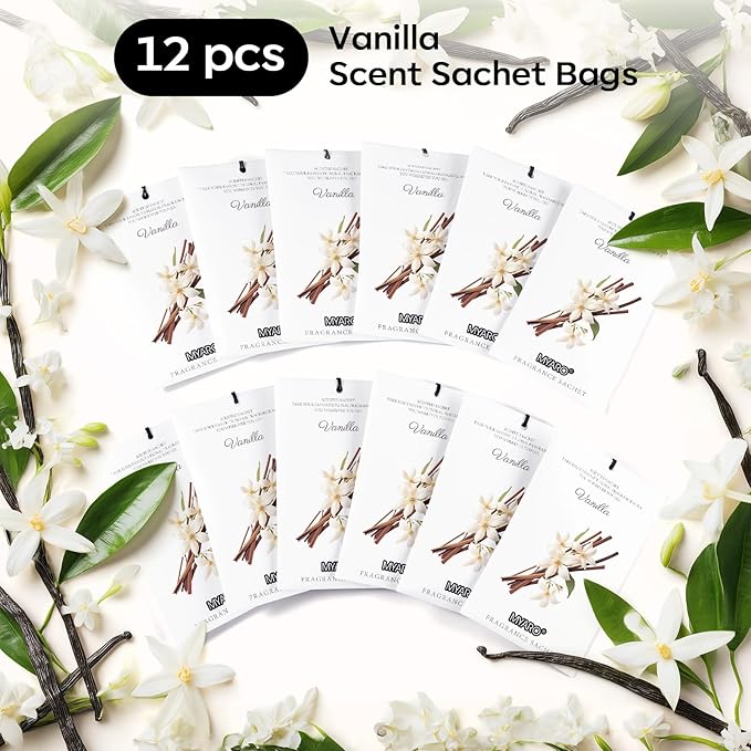 MYARO 12 Packs Vanilla Scented Sachets for Drawer and Closet, Long-Lasting Closet Sachet Bags Drawer Deodorizers Fresh Scents, Home Fragrance for Lover