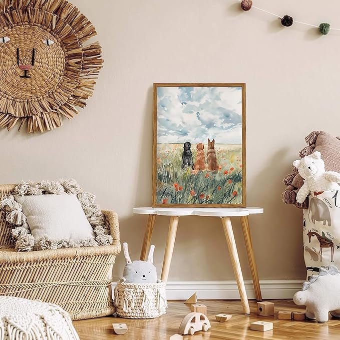 Framed Dog Canvas Wall Art, Cute Three Dogs in Flower Field Pictures Wall Decor, Rustic Farmhouse Animal Nature Paintings Prints Home Decor for Living Room Bedroom Bathroom 16x24 inch
