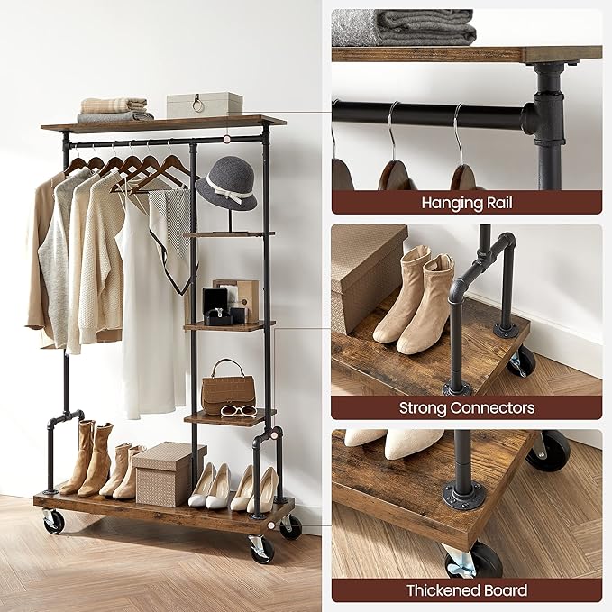 VASAGLE Clothes Rack, Clothing Garment Rack on Wheels, Rolling Clothes Organizer with 5-Tier, Industrial Pipe Style, Rustic Brown UHSR66BX