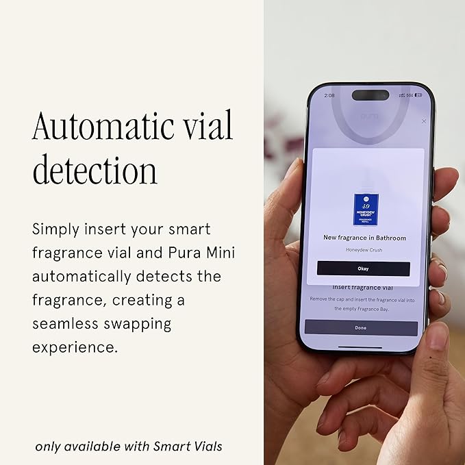 Pura Home Mini Fragrance Diffuser for Small Spaces Adjustable Smart Home Device with LED Light & Automatic Vial Detection - Includes 1 Scent Refill - White Tea no.1