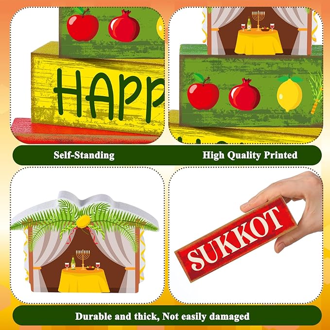 Yuntau 4 Pcs Happy Sukkot Table Decorations Sukkot Centerpieces for Tables Wooden Tabletop Party Decorations Rustic Block Sign for Tiered Tray Shelf Office Jewish Holiday Celebration Supplies