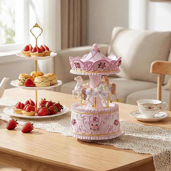 Enchanting Pink Carousel Music Box with LED Lights, Plays Castle in the Sky, Elegant Rotating Horse Figurines, for Girls, Women, and Romantic Occasions, Collectible Home Decor Ornament