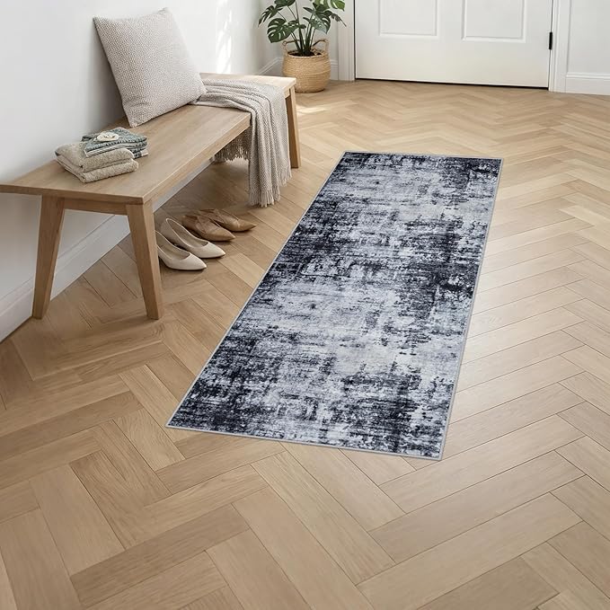 2'x5'Runner Rug Washable Rug: Modern Abstract Soft Thin Runner Rug Dark Black