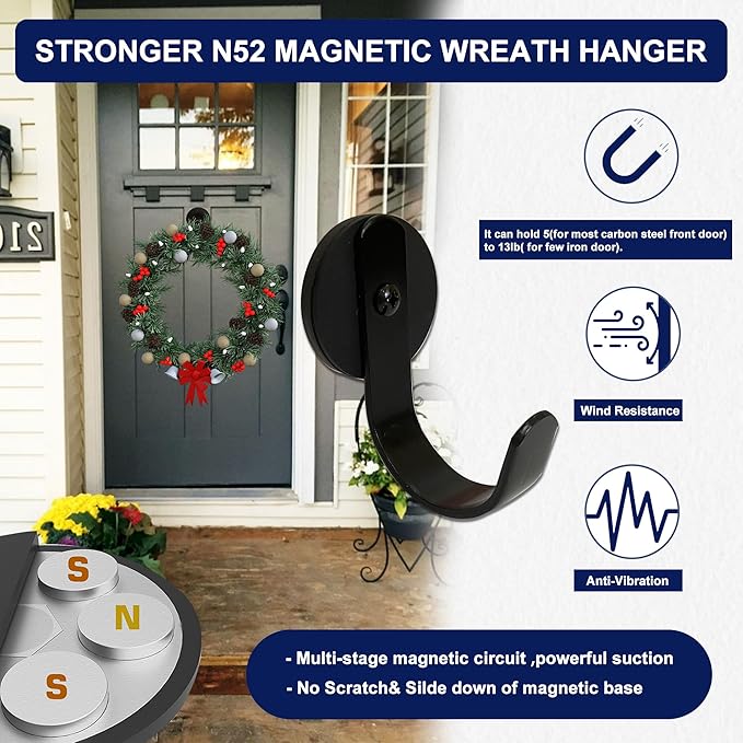 TSUYA 2 Pack Magnetic Wreath Hanger, Strong N52 Neodymium Magnetic Hooks for Towel Coat Umbrella Indoor Hanging, Garland Hook for Metal Front Door Wreath Hanger