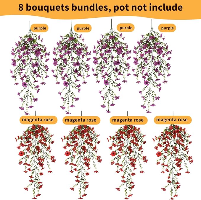 Artificial Hanging Flowers for Outdoors, 8 Pcs Fake Plant for Spring Summer Decoration, UV Resistant Realistic Silk Faux Flowers Outside Indoor Planter Porch Patio Balcony Yard Decor