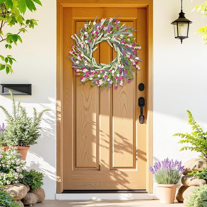 Artgar 26 Inch Spring Wreaths for Front Door, Spring Summer Lavender Paper Flower Wreaths for Home Farmhouse Windows Walls Porch Wedding Indoor Outdoor Decor for All Seasons (Pink)