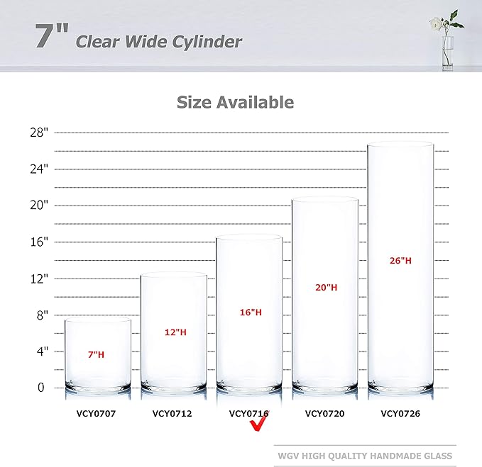 WGV Cylinder Vase Bulk, Width 7", Height 16", Clear Wide Large Diameter Flower Glassware, Floral Container, Planter Terrarium for Wedding Party Event, Home Accent Decor, 4 Pieces