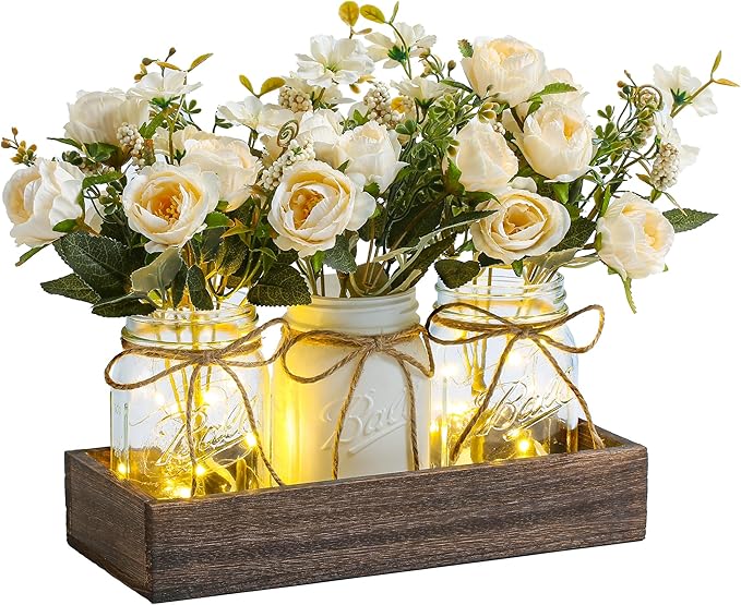 Centerpieces for Tables Coffee Table Centerpiece Decor with Wood Tray for Kitchen Decor Home Living Room Decor Rustic Farmhouse Decor,White