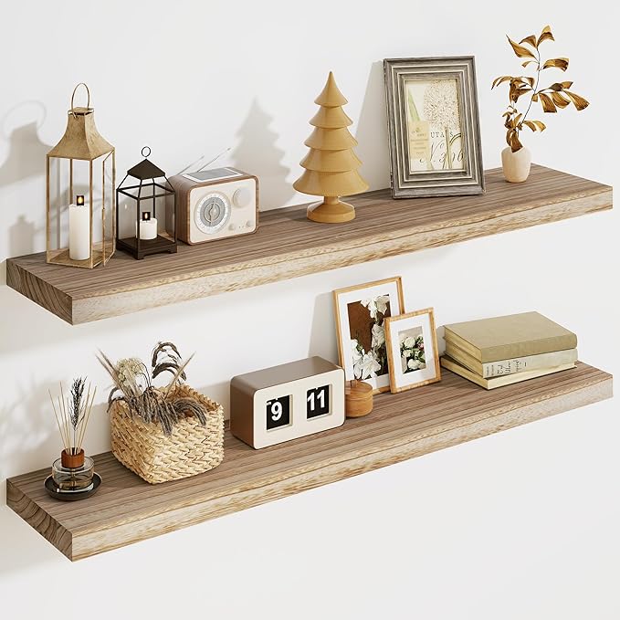 Solid Wood Floating Shelves for Wall 36"W x 8"D x 1.56"H Set of 2, Deep Wall Shelves for Living Room Bedroom Bathroom Kitchen Decor Storage with Invisible Heavy-Duty Metal Bracket, Carbonized Black