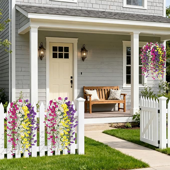 Artificial Hanging Petunias Flowers for Outdoor, 8pcs Fake Plants Long Vine Morning Glory Eucalyptus, UV Resistant Realistic Faux Greenery Outside Patio Porch Garden Spring Summer Decor, Mix Color