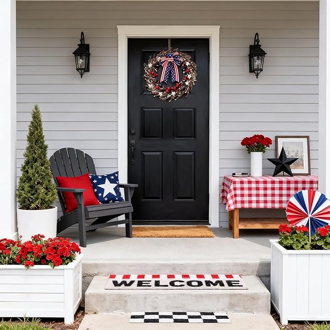 zjlmit 22 Inch 4th of July Wreath with Grapevine Base - Red White and Blue Berry Patriotic Wreath with Hanging Loop for Front Door, Independence Day & Memorial Day Decor