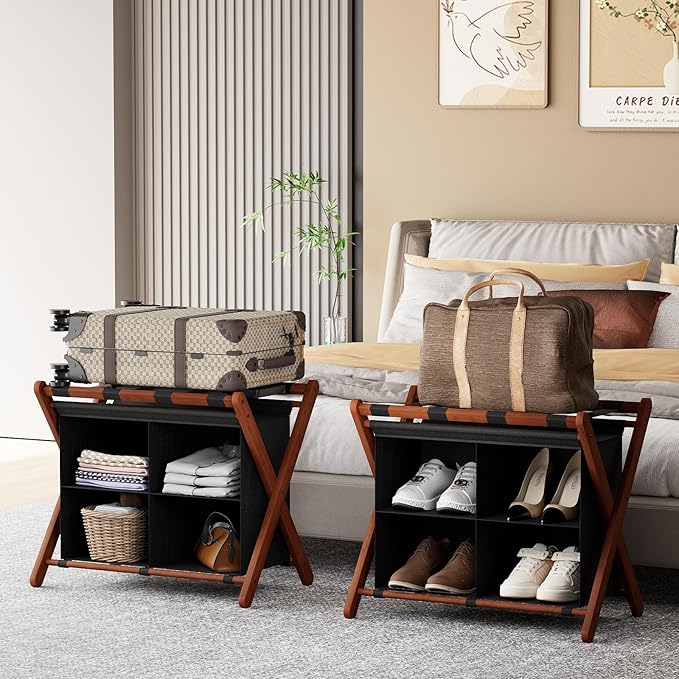 Luggage Rack for Guest Room, Folding Suitcase Stand with Fabric Storage Shelf, Upgraded Bamboo Luggage Holder, Steel Foldable Luggage Stand for Guest Room, Bedroom, Hotel, Walnut
