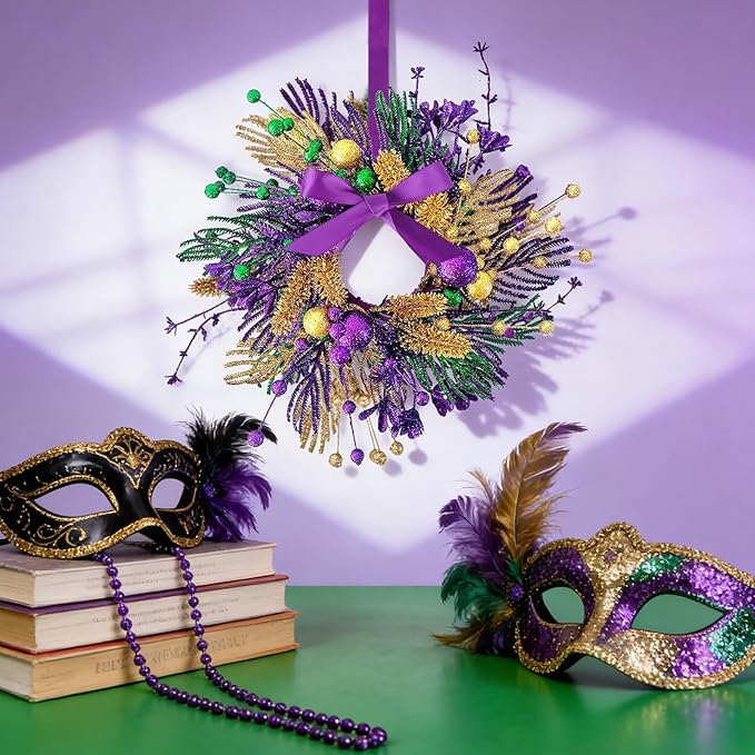6 PCS Mardi Gras Purple and Green Glitter Mini Cabinet Wreaths for Front Door Carnival Party Decor Wreath Mardi Gras Hanging Garlands Candle Rings for Front Door Home Window Chair Wall Indoor Outdoor