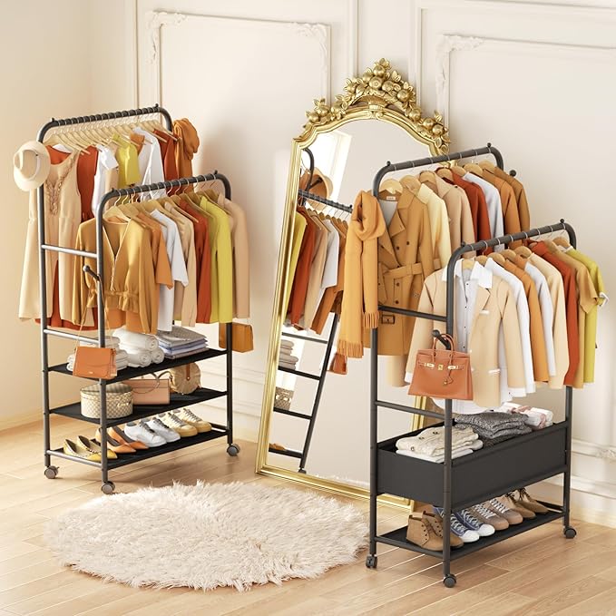 Furologee Clothes Racks for Hanging Clothes, Portable Rolling Garment Rack, Sturdy Metal Freestanding Cloths Racks with Wheels, Double Rods Wardrobe Rack for Bedroom Laundry Living Room