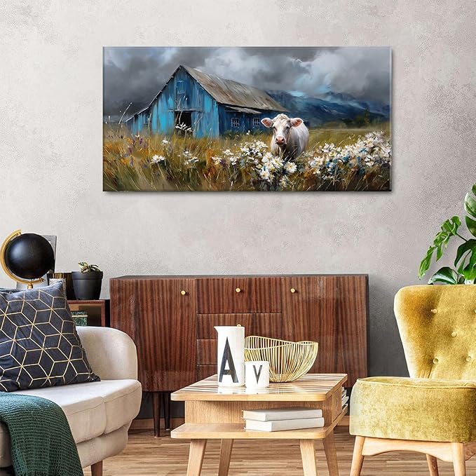 AIYISU Farmhouse Cow Wall Art Rustic Barn Landscape Pictures Wall Decor Blue Barn Wildflower Field Canvas Prints Country Farm Animal Artwork for Living Room Dining Room Bedroom Home Decoration 24x48