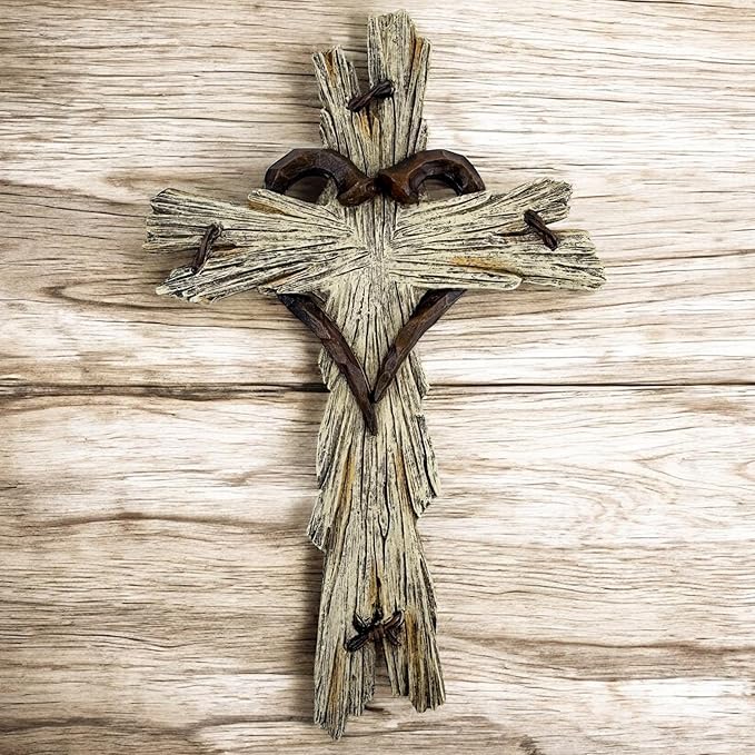 Rustic Wood-Look Resin Wall Cross with Barbed Wire & Nail Heart Accents – 11 ½” Christian Farmhouse Wall Décor, Inspirational Religious Gift (Whitewash)