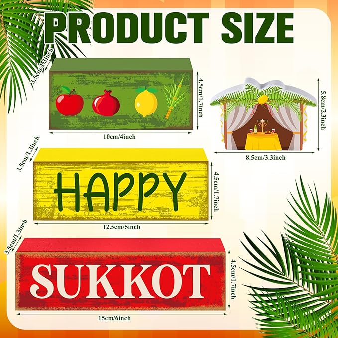 Yuntau 4 Pcs Happy Sukkot Table Decorations Sukkot Centerpieces for Tables Wooden Tabletop Party Decorations Rustic Block Sign for Tiered Tray Shelf Office Jewish Holiday Celebration Supplies