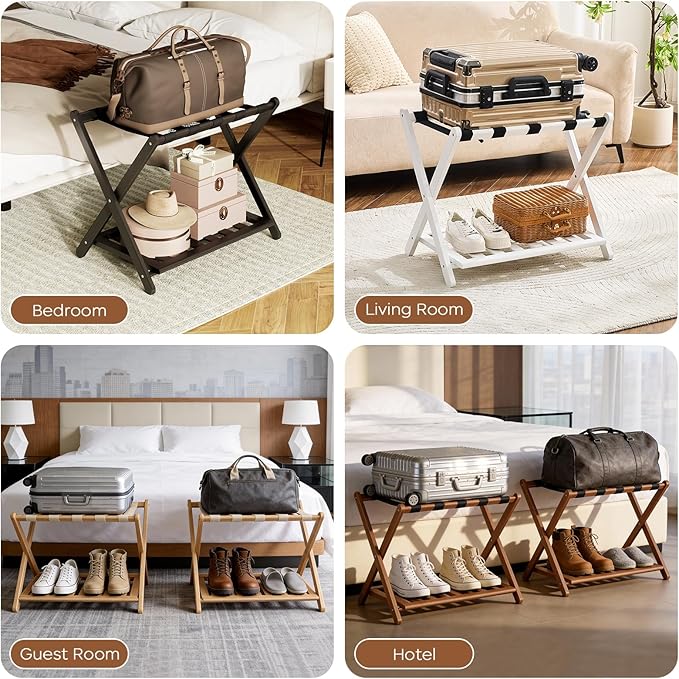 Fully Assembled Luggage Rack, Walnut Luggage Rack for Guest Room, Bamboo Folding Suitcase Stand with Storage Shelf, 5 Nylon Straps, Heavy Duty Luggage Holder for Bedroom Hotel, 1 Pack