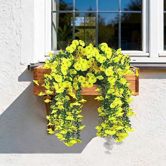 Artificial Hanging Flowers for Outdoors, 2 PCS UV Resistant Faux Silk 150 Morning Glory Each Trailing Vines, Fake Plants for Spring Outdoor Garden Planter Porch Patio Decoration, Yellow