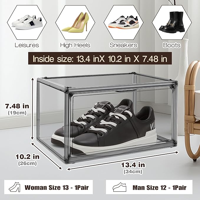 2 Pack Acrylic Shoe Box for Closet Clear Stackable Size 12 Shoe Storage Bins with Magnetic Lids, Stackable Boot Handbag Organizer Containers for Shoes, Figure, Collectible, Purse