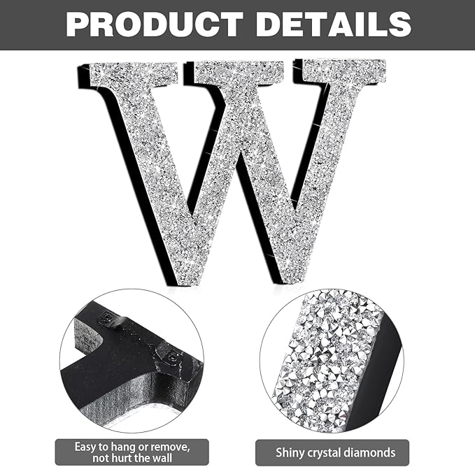 Qunclay 12'' Silver Crystal Diamond Bling Letters Crushed Diamond Decoration Wooden Glitter Letter with Screw and Hooks Rhinestone Gift for Wedding Y2k Mcbling Bedroom Wall Decor (Letter W)