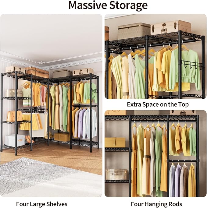 Heavy Duty Garment Rack Clothes Rack,Large Metal Closet Organizer System Storage Wardrobe,Freestanding Clothing Rack with Adjustable Wire Shelves& Hang Rods,MaxLoad 1100lbs