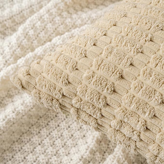 MIULEE Pack of 2 Corduroy Decorative Throw Pillow Covers 12x12 Inch Soft Boho Striped Pillow Covers Modern Farmhouse Home Decor for Sofa Living Room Couch Bed Tan