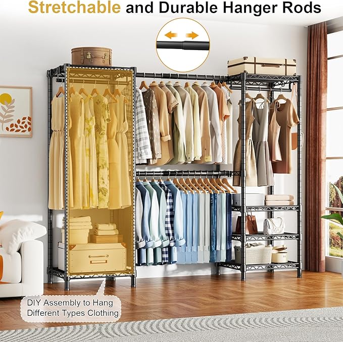 Ulif E7 Garment Rack, Heavy Duty Clothes Storage System with Extendable Hangers Rods, Metal Clothe Rack with 6 Wire Shelves, (52.3"-72") W x 14.5" D x 71.2" H, Load 838 LBS
