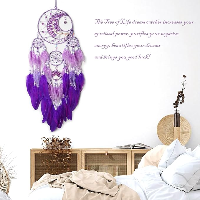 Large Dream Catchers, Handmade Woven Moon Healing Crystal Stone Dream Catcher Wall Hanging Ornament for Bedroom Living Room Wedding Party Decor, Festival Blessing Craft Gift (Purple Moon)