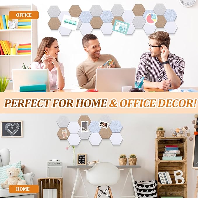 Mindsoft 16 Pcs Hexagon Cork Board for Walls with 50 Wooden Push Pins 6.7 x 5.9 in Felt DIY Tiles Notice with Nano Tape Hanging Bulletin Board for Home Photo Office Memo Note(Light Camel)