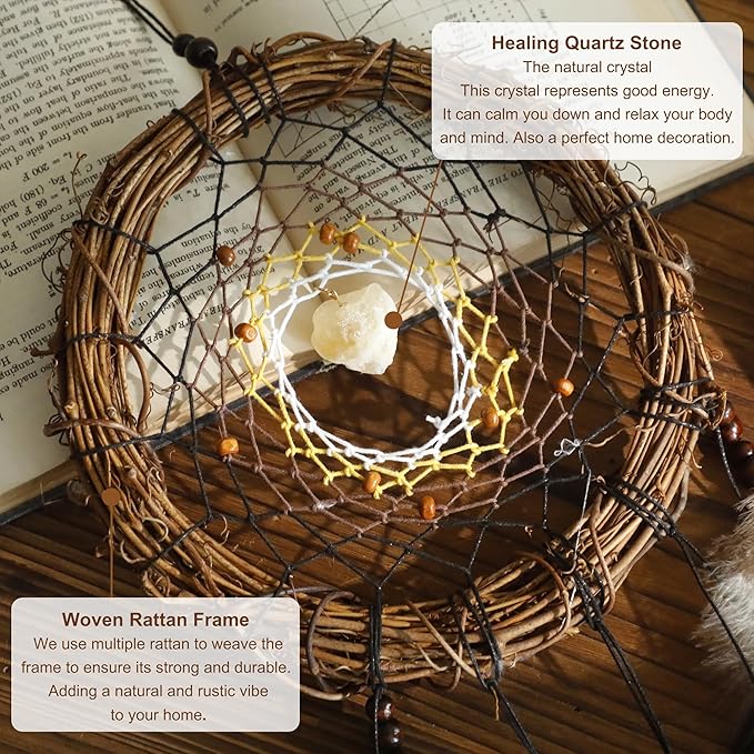 5 Pack Boho Dream Catcher Native American Wall Art Set, Handmade Natural Rattan Feathers Large Dreamcatcher Rustic Hanging Ornament Indian Wall Decor for Bedroom Adult