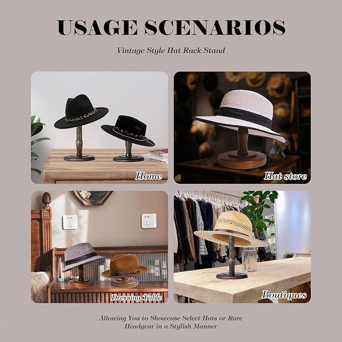 CHADWICK Vintage Style Hat Rack Stand, Rustic Brown Hat Display Stand Wood, Hat Rack Tabletop Cap Organizer and Display Rack, Wig Holder Cowboy Hat Rack Hat Organizer for Closet, Home Decor