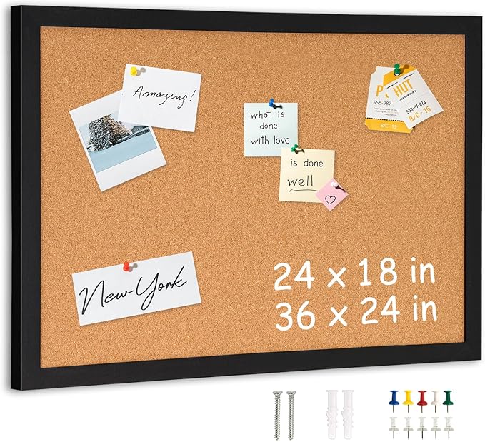 DOLLAR BOSS Cork Board for Wall 36" x 24" Bulletin Board for Wall with Black Wood Frame, Picture Display Pin Broad Vision Board for Office Home School Room Decorative Hanging 10 Pushpins