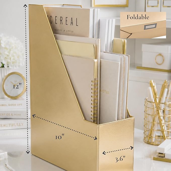 BLU MONACO | Gold Cardboard Magazine File Holder Set of 4 | Vertical Magazine File Holder for Shelves | Standing File Holder Desk Organizer