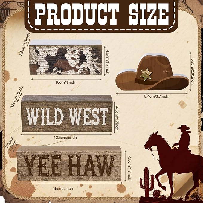 Yuntau 4 Pcs Western Tiered Tray Decorations Set Cowboy Hat Stack Block Signs Desert Farmhouse Rustic Tabletop Tiered Tray Decor for Table Shelf Home Office