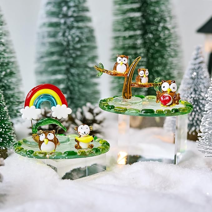 H&D HYALINE & DORA Blown Glass Owl and Monkey Figurine Miniature Aniamal Figurine with Round Base Handmade Glass Animal Collectible Figure for Christams Home Tabletop Decor