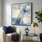 Extra Large Framed Blue Abstract Wall Art for Living Room, Oversized Square Modern Canvas Prints Paintings for Walls, Minimalist Blue White Gold Pictures for Dining Bedroom Hallway Wall Decor 40x40 In