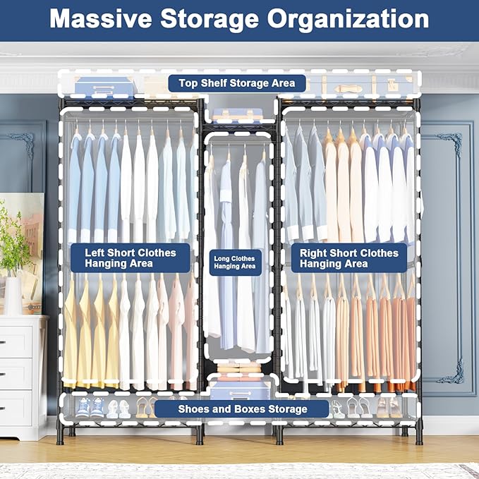 Ulif E12C Heavy Duty Closet Organizer System，Freestanding Clothing Rack, Adjustable Garment Rack 57.1" W x 16" D x 76.5" H Holds 860 lbs, Black Clothing Rack with Black Dustproof Cover