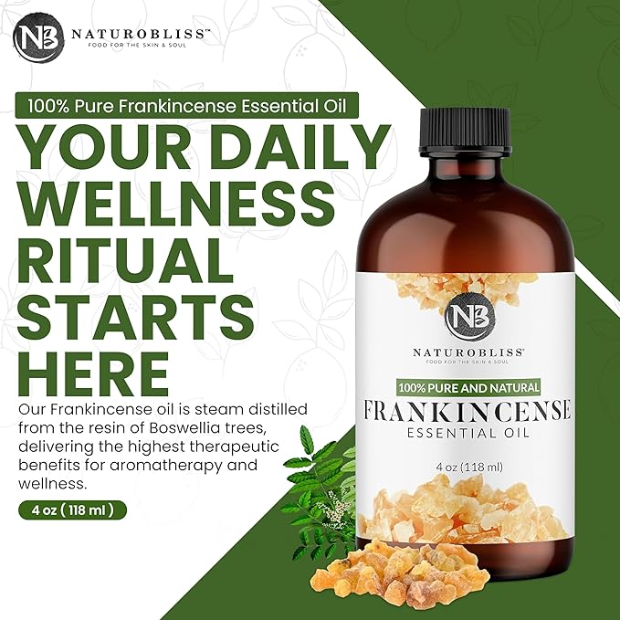 NaturoBliss 100% Pure Frankincense Essential Oil Therapeutic Grade Premium Quality (4 fl. oz) with Glass Dropper, Perfect for Aromatherapy