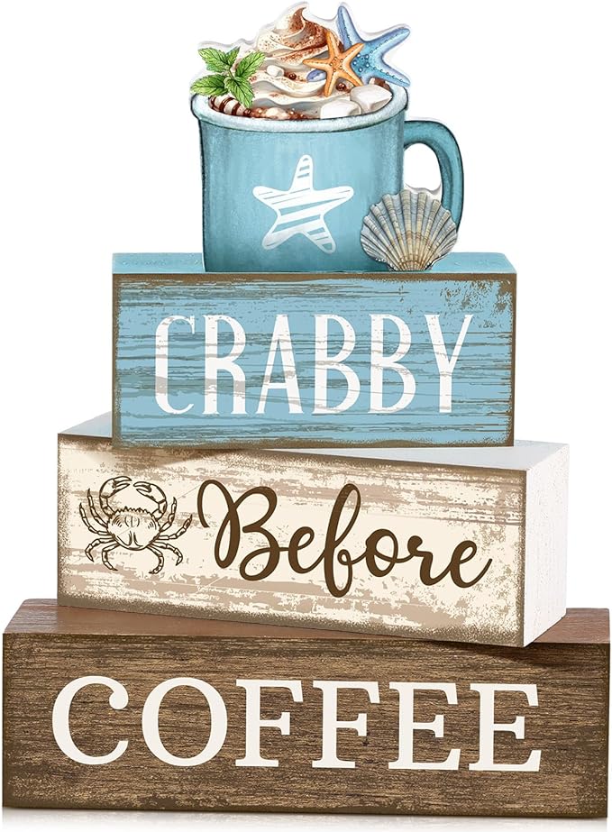 Lineshading 4 Pcs Summer Table Decorations Wooden Beach Coffee Decor Summer Tiered Tray Decor Farmhouse Crabby Before Coffee Crab Block Signs Gifts for Beach Nautical Party Home Office Decorations