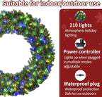 48in Large Prelit Christmas Wreath Outdoor with Lights, Artificial Lighted Christmas Wreaths with 210 Colorful LEDs, Metal Hook, Plug-in, 11 Functions for Home Holiday Decor