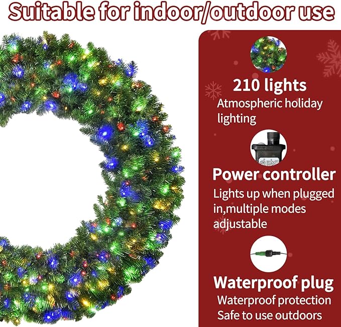 48in Large Prelit Christmas Wreath Outdoor with Lights, Artificial Lighted Christmas Wreaths with 210 Colorful LEDs, Metal Hook, Plug-in, 11 Functions for Home Holiday Decor