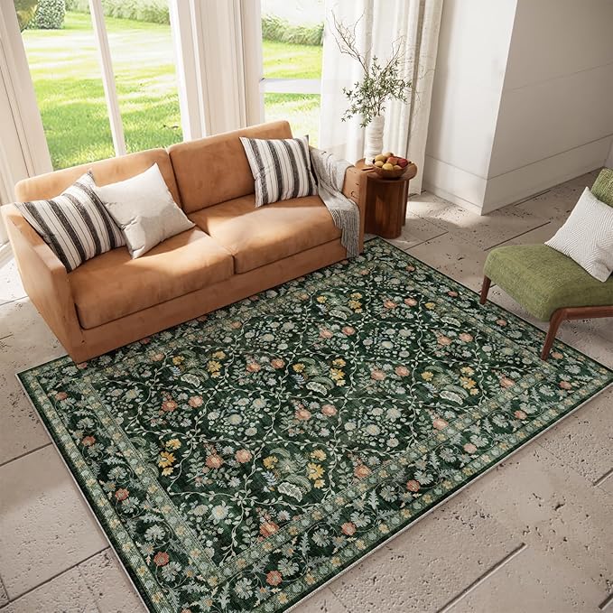Vintage Botanical Dark Green Area Rug 6x9 Elegant Floral Pattern, Durable Stain-Resistant Fabric, Perfect for Living Room, Bedroom, Dining Room Decor